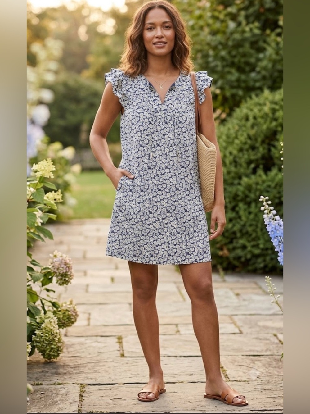 J. Crew Blue and White Floral Ruffle-Sleeve Mini Dress size 8